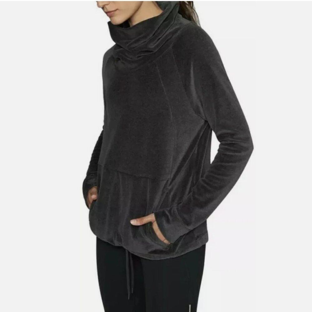 Athleta Black Velour Cowl Neck Pullover Long Sleeve Top w/ Drawstring. Medium